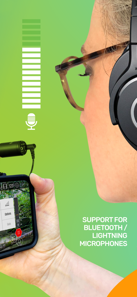 Guerrilla Filmmaker: Camera - A woman using an external microphone with the Guerrilla Filmmaker app on iPhone