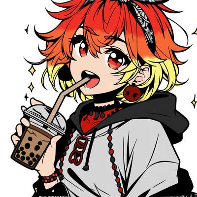 hot baddie anime girl drinking boba and biting the straw