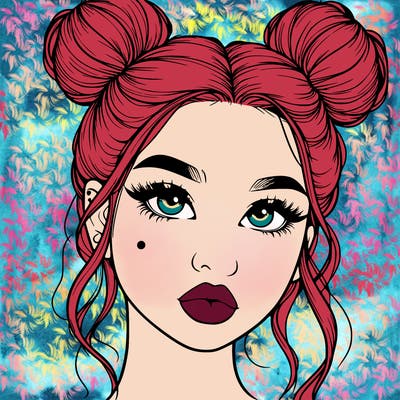 realistic girl with two buns on her hair and lips