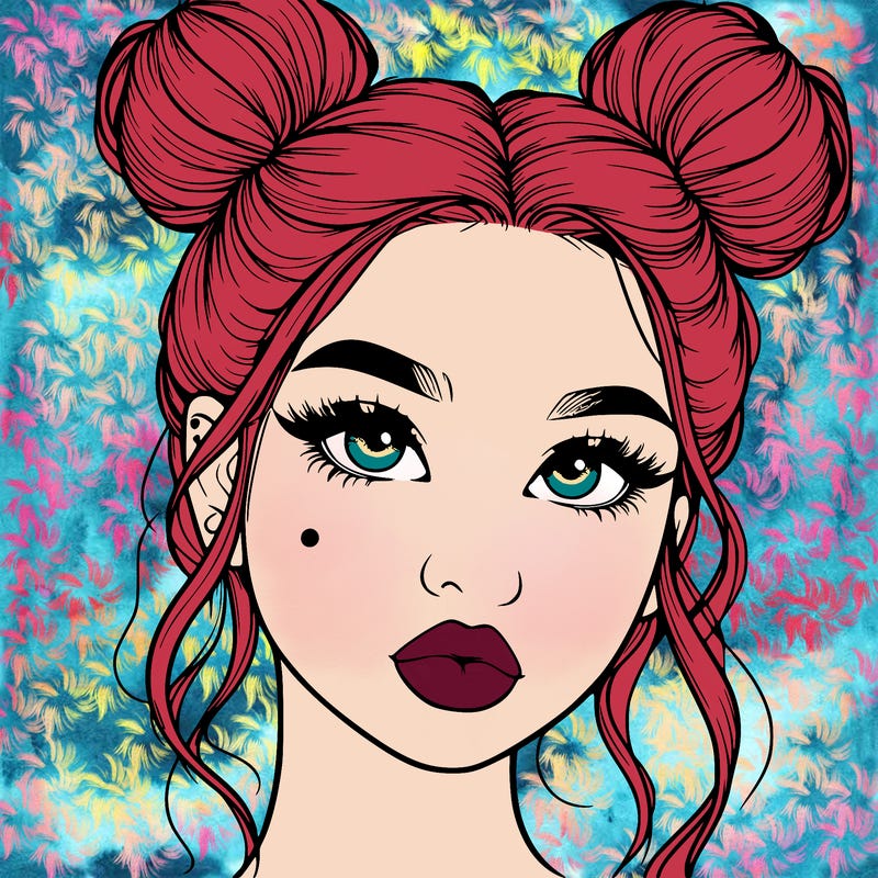 realistic girl with two buns on her hair and lips