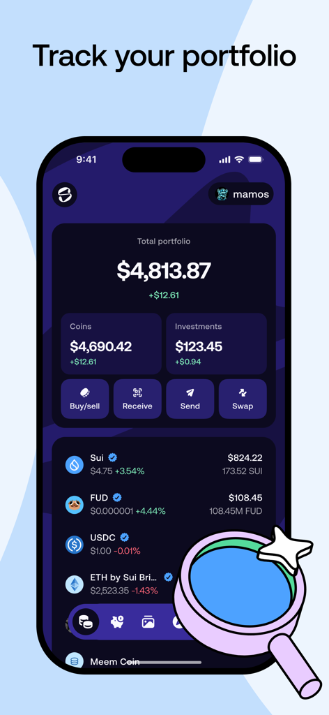 Slush app dashboard showing crypto portfolio balance and asset list.