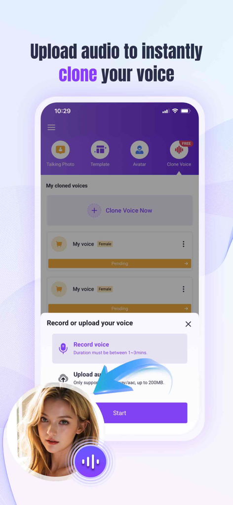 Vidnoz AI Video Generator - Interface of the Vidnoz AI app showing the voice cloning feature with options to record or upload audio.