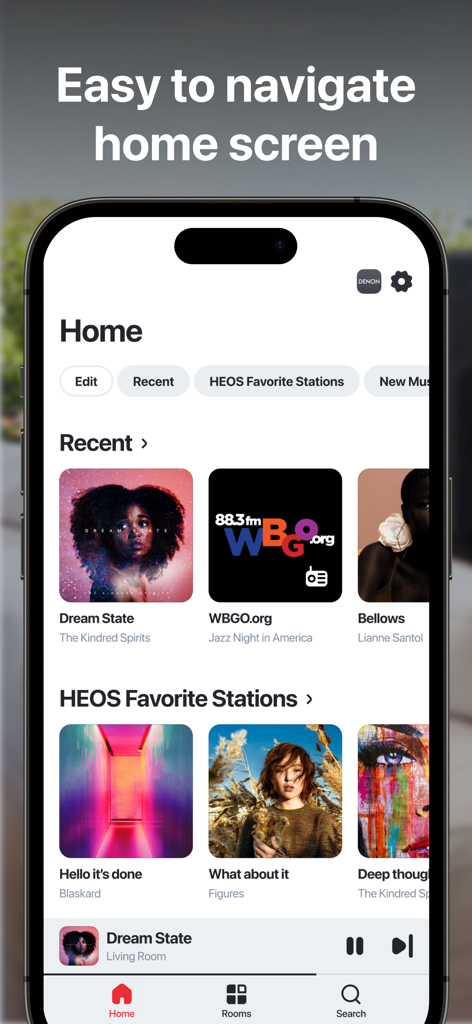 HEOS Musik-App-Startbildschirm mit aktuellen Titeln und Lieblingssendern