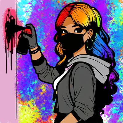 realistic girl with mask spray painting a wall