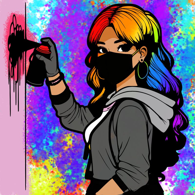 realistic girl with mask spray painting a wall