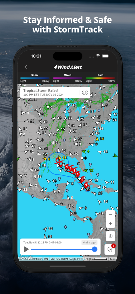WindAlert: Wind & Weather Map - WindAlert app interface showing the StormTrack feature with a hurricane path on a live weather map.