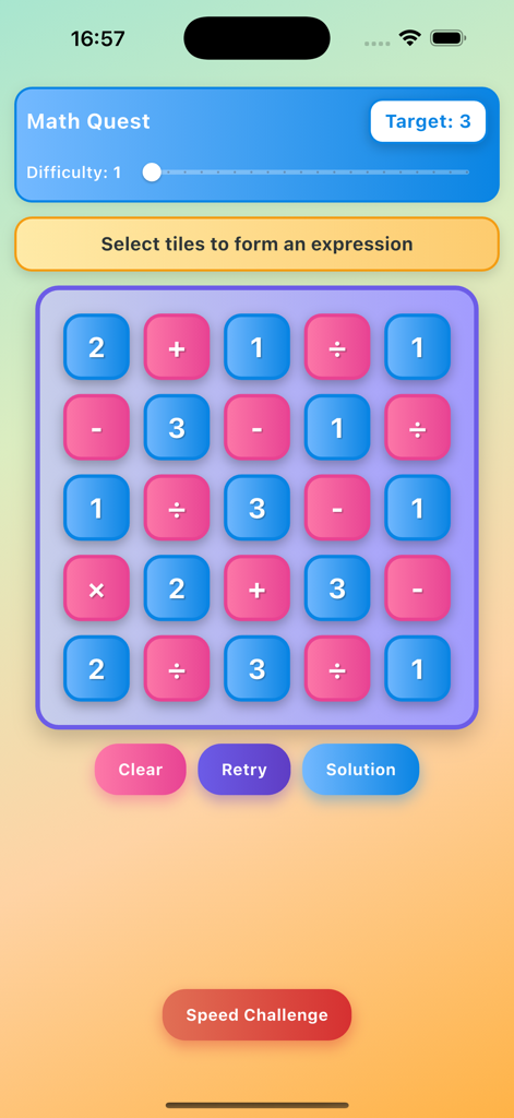 Math Quest: Brain Training - Pantalla de juego de Math Quest mostrando una cuadrícula de cinco por cinco de números y operadores matemáticos con un valor objetivo