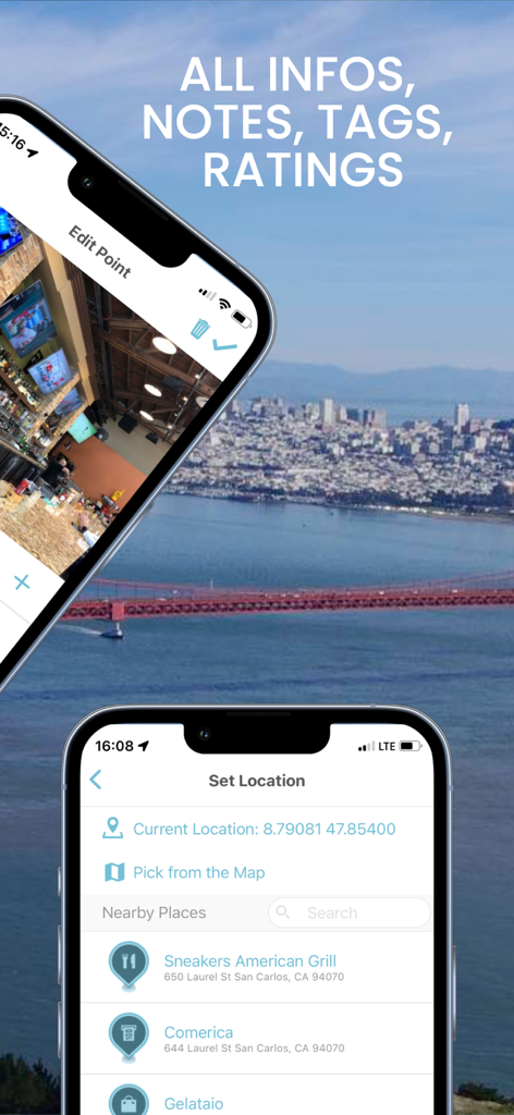 POI MAP - Your Private Places - POI MAP app interface showing location details notes and GPS coordinates for saved places
