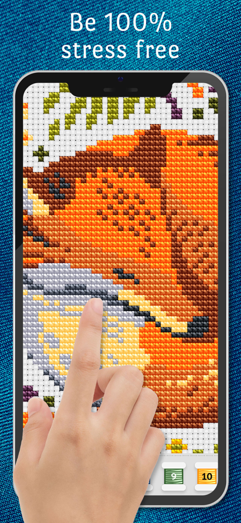 A hand stitching a colorful digital pattern in the Cross Stitch Club app