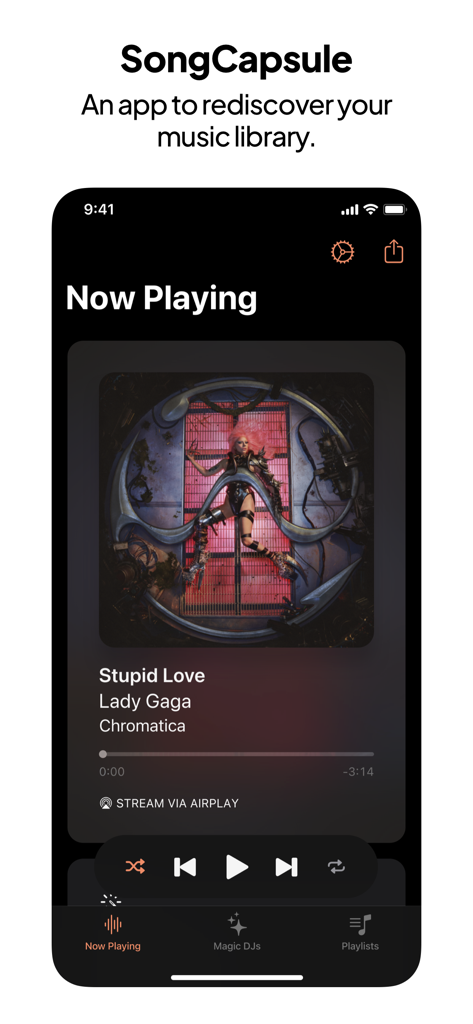 Now Playing interface of SongCapsule music app showing a Lady Gaga song