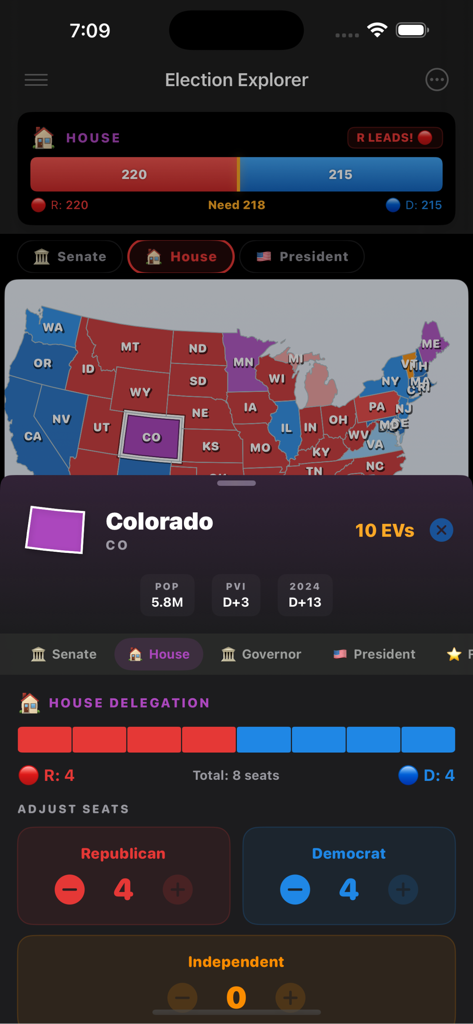 Election Explorer: 2026 Map - Election Explorer app interface showing a US House election map with Colorado selected and seat adjustment tools