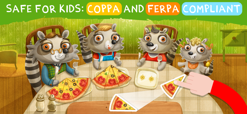 Learning Games for Toddlers AZ - Educational game for toddlers featuring raccoons sorting pizza slices by size on a dining table with a banner highlighting safety compliance