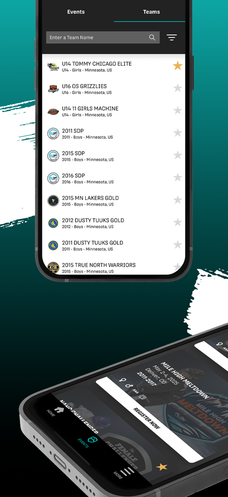 Play Hockey - Mobile interface of the Play Hockey app featuring a list of youth hockey teams and an event registration screen