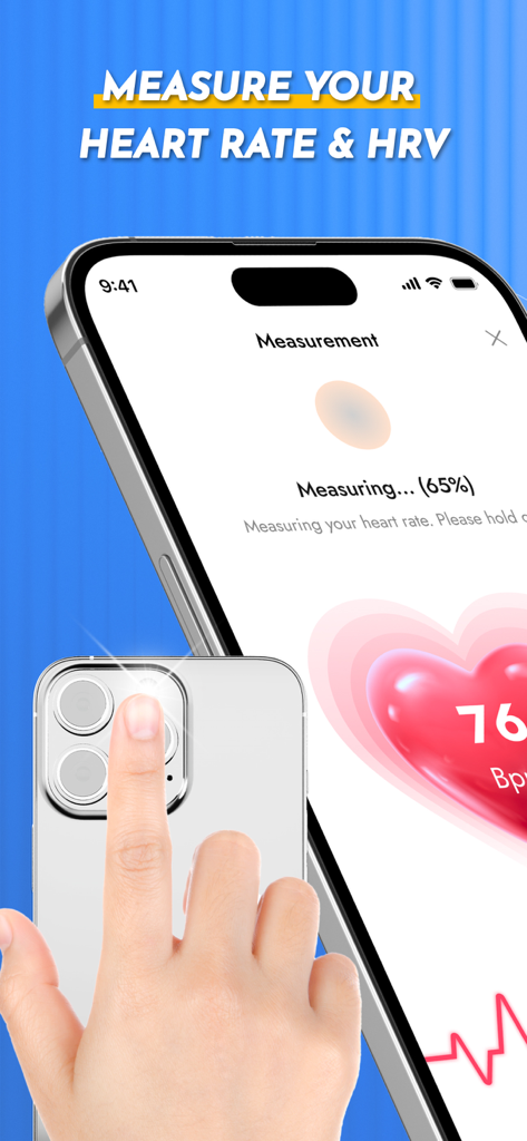 Health AI - Blood Pressure Log - A person measuring their heart rate and HRV using the phone camera in the Health AI app.