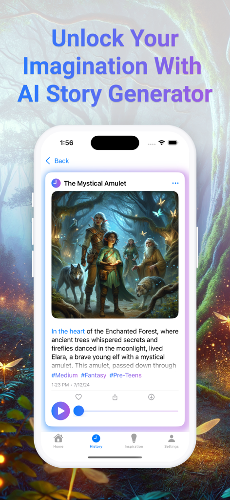 AI Story Generator: AI Writer - AI Story Generator app displaying a fantasy story with generated images and audio controls.