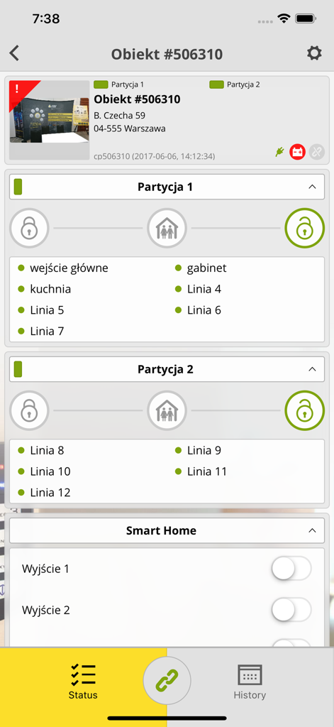 EBS Security - EBS Security app interface showing alarm partition status and smart home controls