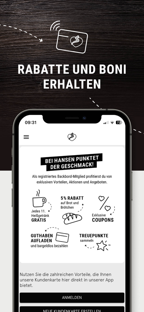 Backbord - Mobile screen of the Backbord app showing customer benefits like 5 percent discount on bread and free coffee loyalty program