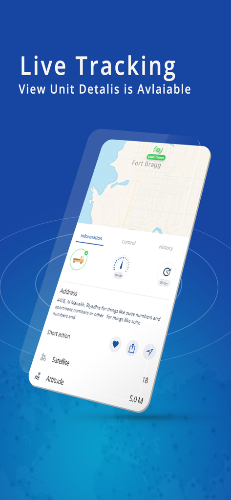 AFAQY AVL - Live vehicle tracking screen in the AFAQY AVL app showing map location and fleet unit details