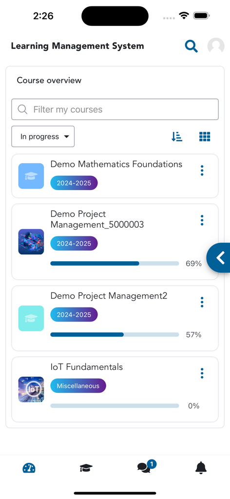 UPES LMS - UPES LMS app screen showing course overview with student progress bars for various subjects