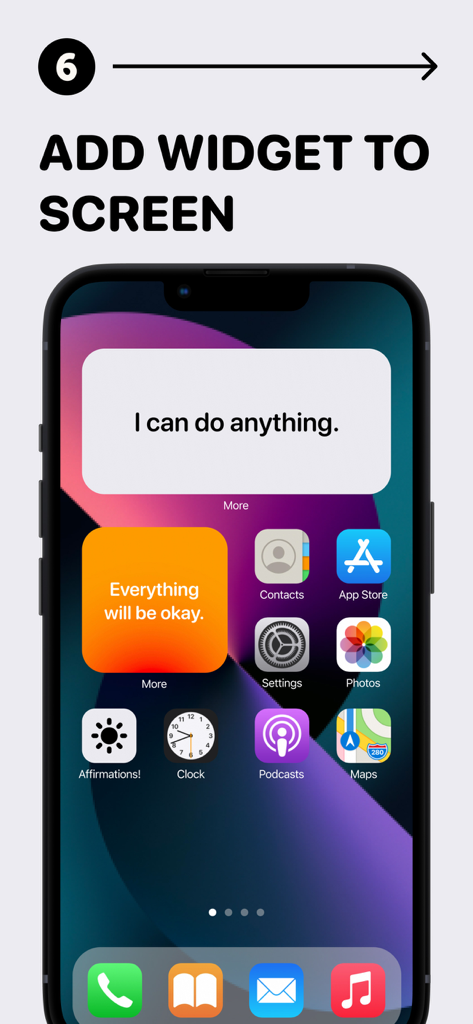 Affirmations for You - Schermata iniziale dell'iPhone che mostra widget di affermazioni quotidiane con messaggi positivi