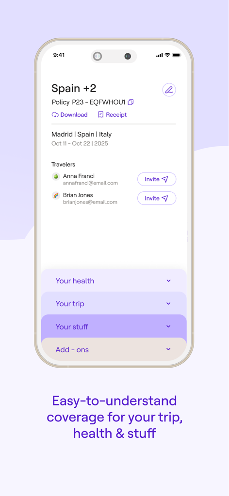 A smartphone showing the Faye Travel Insurance app with trip details and sections for health trip and belongings coverage.