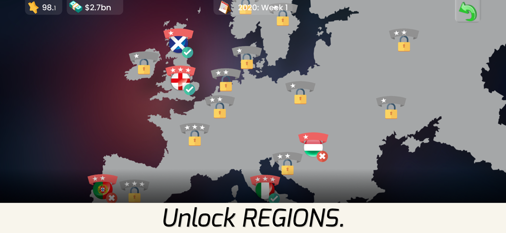 Superstar Football Agent - Map of Europe in the Superstar Football Agent game showing locked and unlocked regions with country flags.