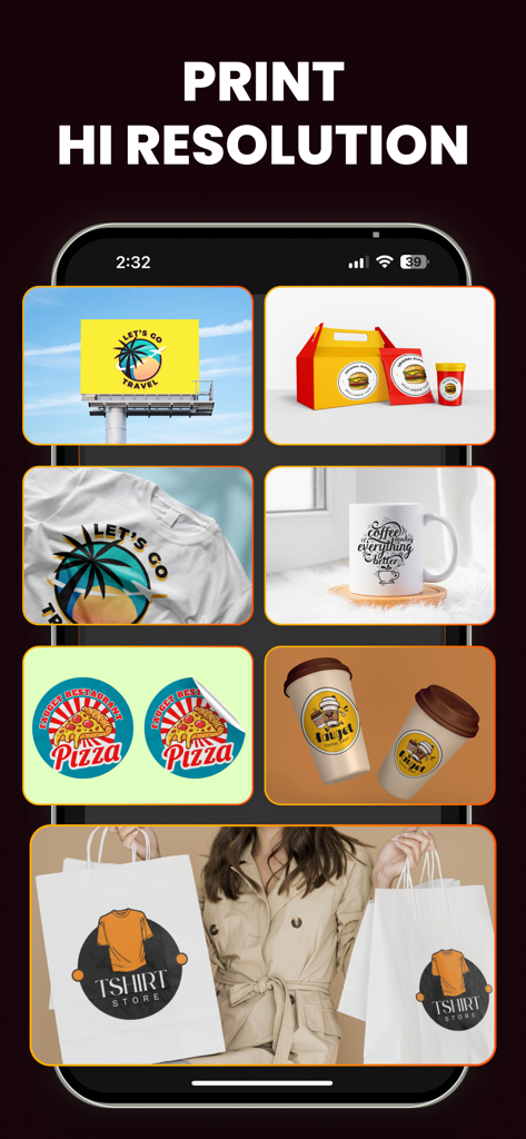 AI Logo Maker • Logo Generator - Tシャツ、コーヒーカップ、ショッピングバッグなどの商品に、高解像度のAIロゴモックアップを表示