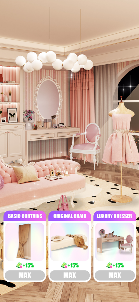 ASMR Makeover: Makeup Games - A pink glamorous beauty salon interior design screen with furniture and decoration choices in the ASMR Makeover game.