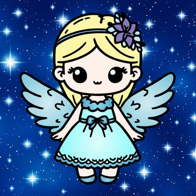 a cute little girl with light blue wings with white snowflakes and a light blue dress with white snowflakes