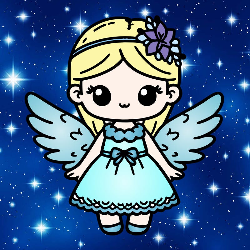 a cute little girl with light blue wings with white snowflakes and a light blue dress with white snowflakes