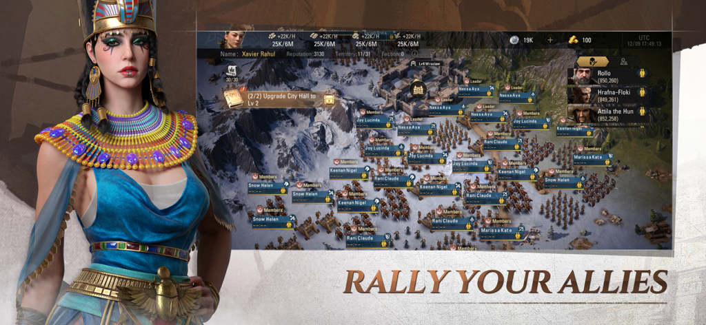 Epic Age mobile game screenshot showing an alliance troop rally on a realistic strategy map with an Egyptian heroine figure