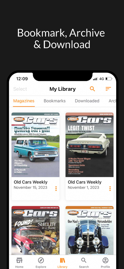 Old Cars Weekly - A digital library within the Old Cars Weekly app displaying several classic car magazine issues with options to bookmark archive and download.