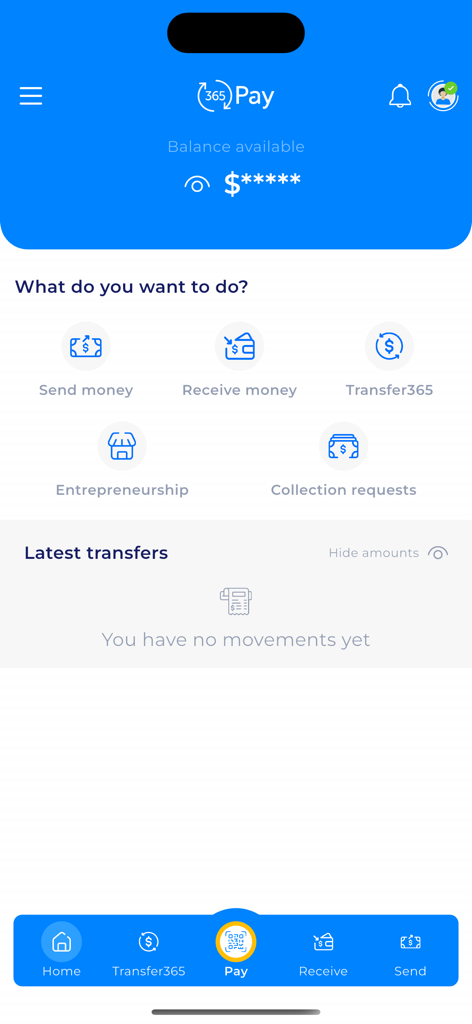 365Pay SV - Pantalla de inicio de la aplicación 365Pay SV que muestra opciones para enviar dinero, recibir dinero y gestionar transferencias