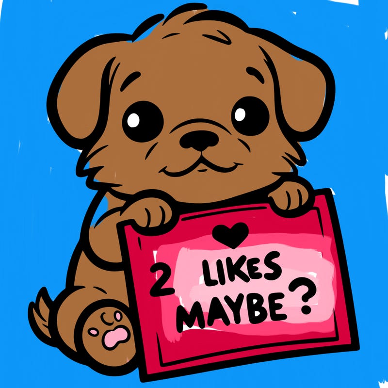 a puppy holding a sign that says 2 likes maybe?