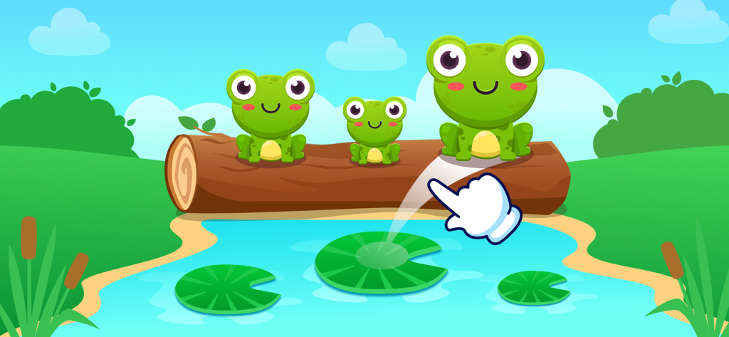 幼児向けの教育的な分類ゲーム。丸太の上に緑のカエルがいる。