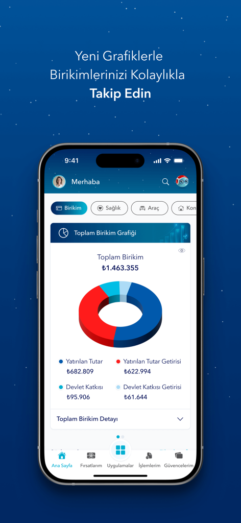 상세한 도넛 차트와 함께 저축 및 투자 포트폴리오를 표시하는 모바일 앱 화면