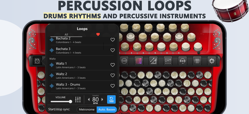 Accordion Chromatic Button - Interfaz de la app Acordeón Cromático de Botones que muestra una lista de bucles de percusión que incluyen Bachata y Vals con controles de tempo y volumen.