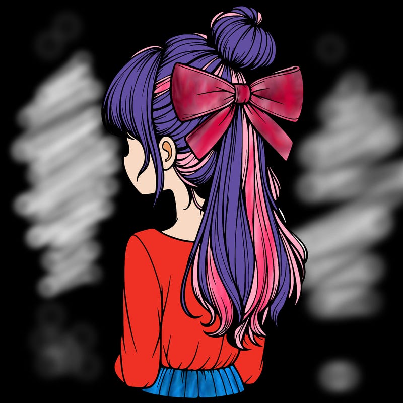 realistic girl  with hip length hair a bun and a big bow on the back of head