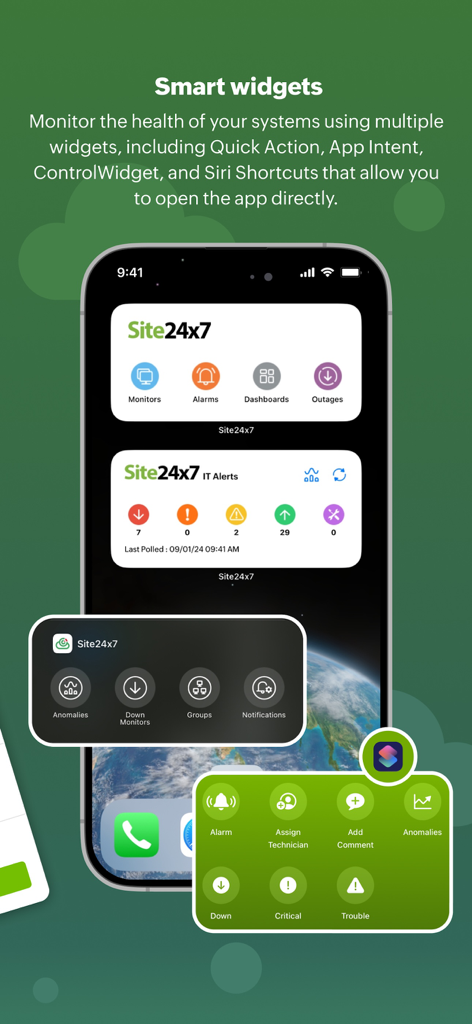 Site24x7 - Widgets inteligentes de Site24x7 para iOS que muestran datos de monitoreo de TI en tiempo real y alertas de estado del sistema en la pantalla de inicio de un iPhone.