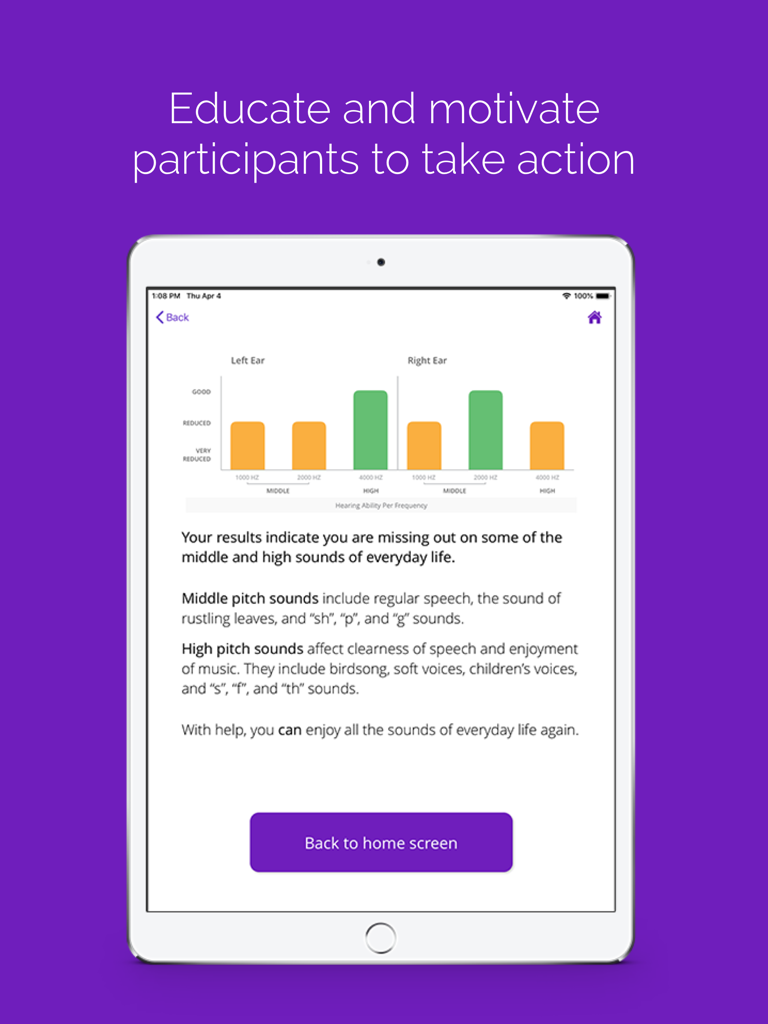 iPad screen showing SHOEBOX QuickTest hearing screening results with bar charts and educational text for patients
