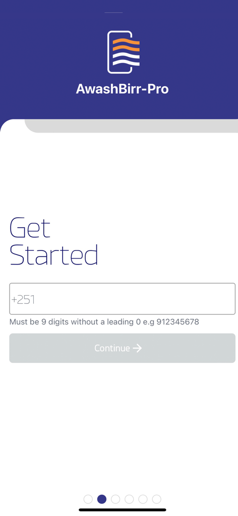 AwashBIRR Pro - AwashBIRR Pro app onboarding screen with phone number input for registration