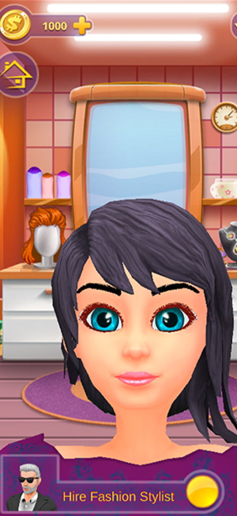 Selfie Girl Fashion Vlog Games - A portrait of a girl character with purple hair in the makeover salon of the fashion vlog game