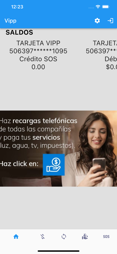 Vipp App - Panel de control de Vipp App que muestra los saldos de cuenta y las opciones para recargas telefónicas y pagos de servicios públicos