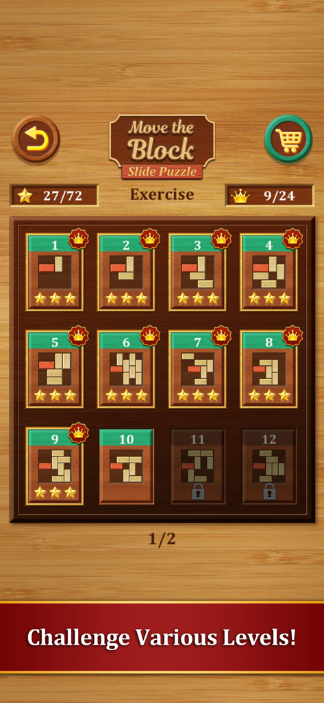 Move the Block : Slide Puzzle - Move the Block Slide Puzzle level selection screen featuring various stages and rewards.