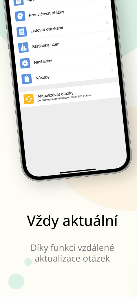 Autoškola 2026 CZ – eTesty+ - Screenshot of the Autoskola 2026 CZ app menu showing practice options and a notification for updated test questions.