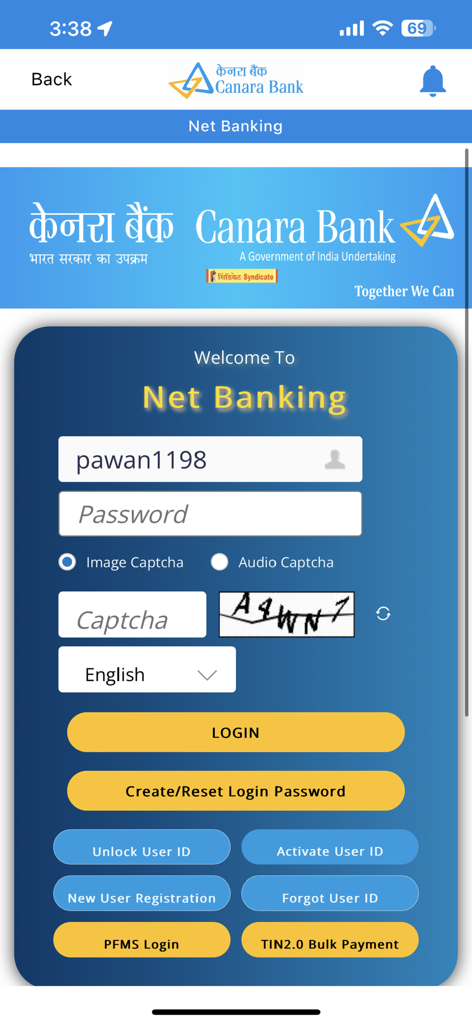Canara CanDigital - Canara Bank CanDigital net banking login interface with username and password fields