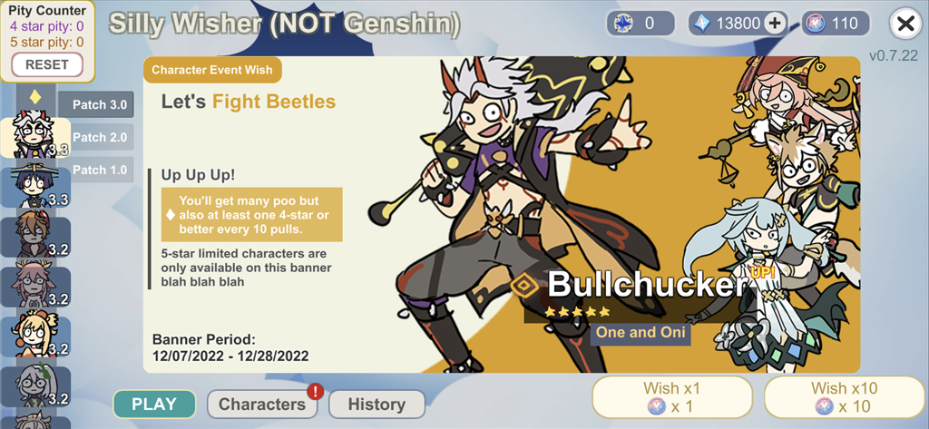 Silly Wisher - A parody gacha banner screen in the Silly Wisher app featuring crude meme art of game characters