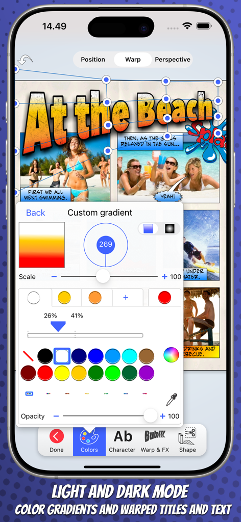 Strip Designer mobile app interface showing custom gradient and warped text editing tools for a comic strip
