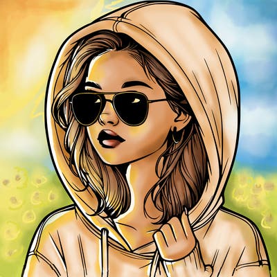 realistic teenage girl, wearing a hoodie and sunglasses