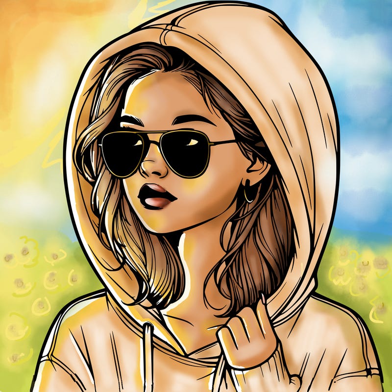 realistic teenage girl, wearing a hoodie and sunglasses